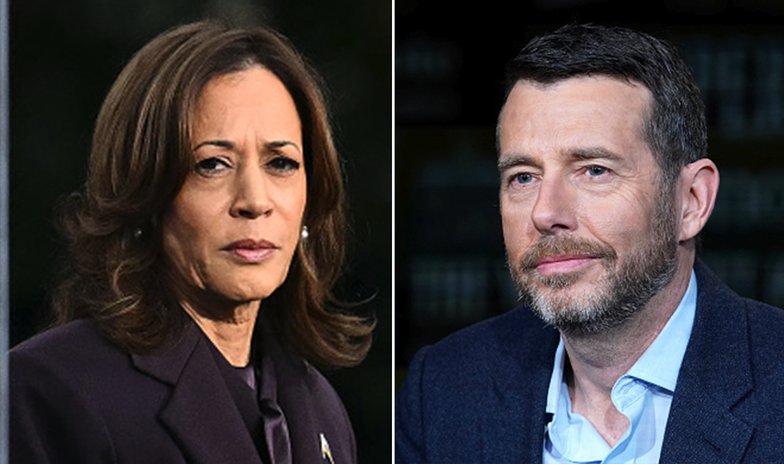 Kamala Harris and David Plouffe split image