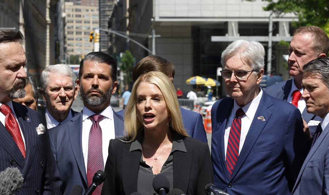 Pam Bondi speaks during a press conference while on a break from former President Donald Trump's hush money trial outside Manhattan Criminal Court in New York City. (Photo by Michael M. Santiago/Getty Images)