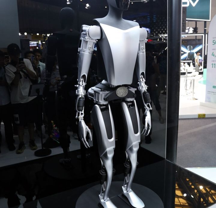 A Tesla Optimus robots is displayed at the 2023 World Artificial Intelligence Conference in Shanghai, China.