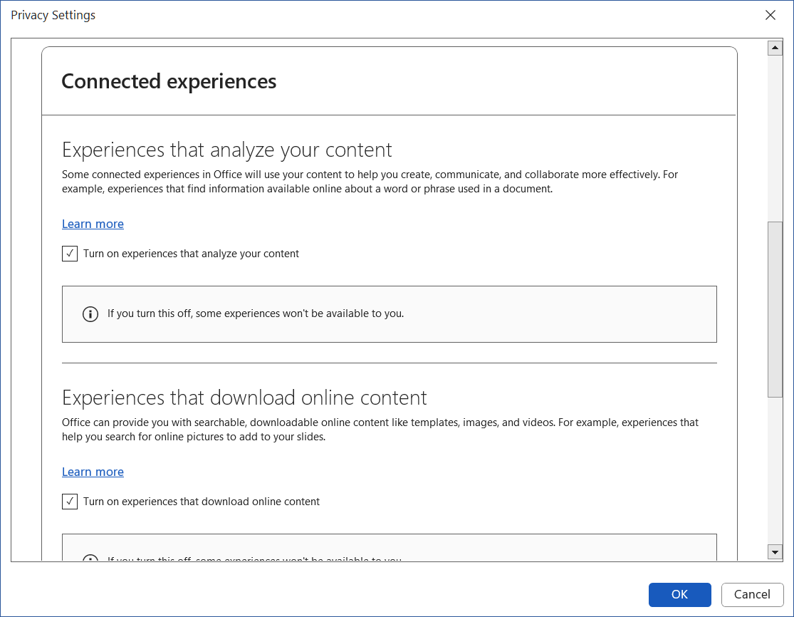 Microsoft 365 connected experiences settings