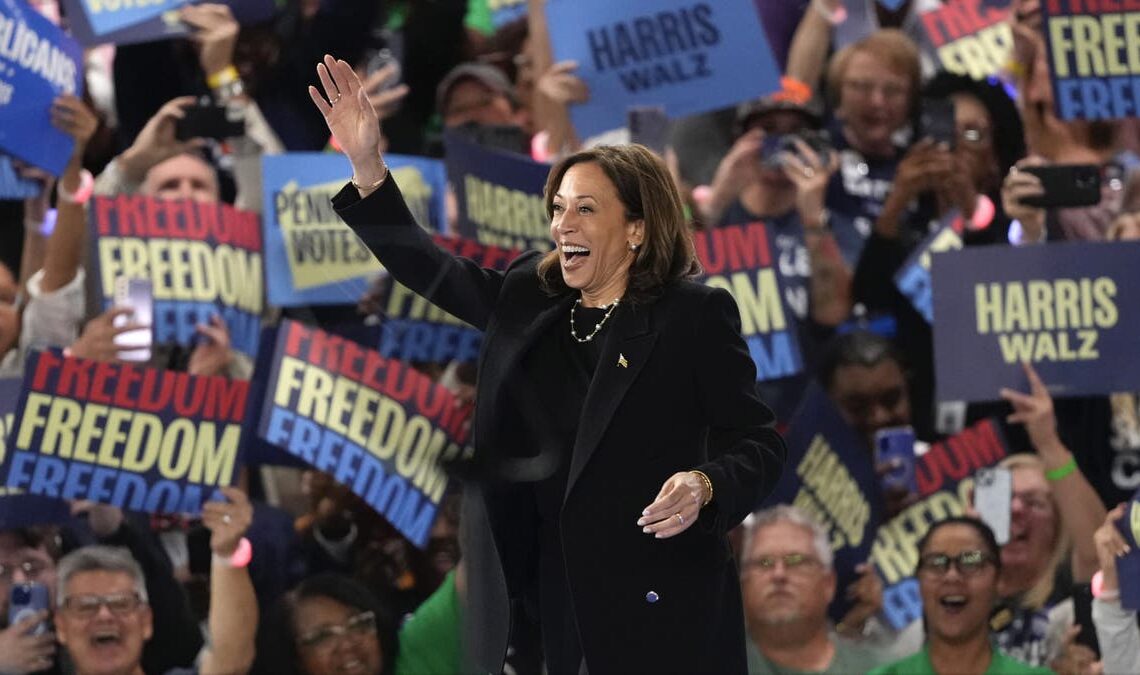 Democratic presidential nominee Vice President Kamala Harris arrives at a campaign event at the PA Farm Show Complex and Expo Center, Wednesday, Oct. 30, 2024, in Harrisburg, Pa. (AP Photo/Matt Slocum)