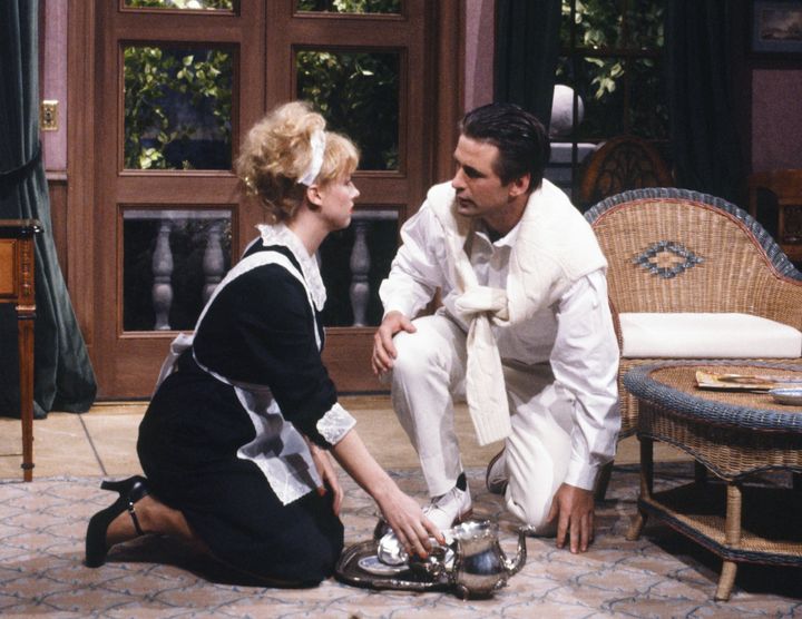 Comedian Victoria Jackson and host Alec Baldwin at the April 21, 1990, taping of the "Saturday Night Live" episode she discussed in a podcast.