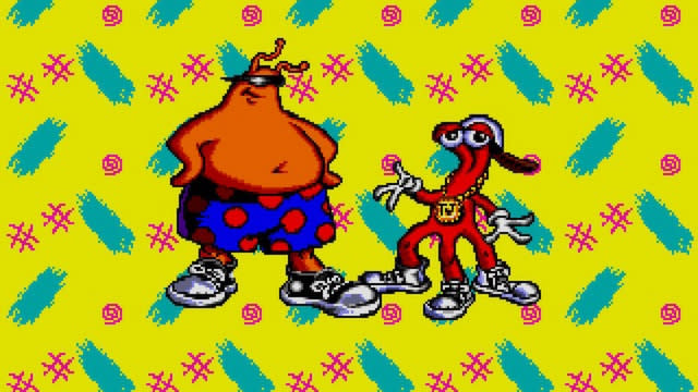 The '90s game characters Toejam and Earl in front of a groovy '90s background (loud yellow and blue patterns).