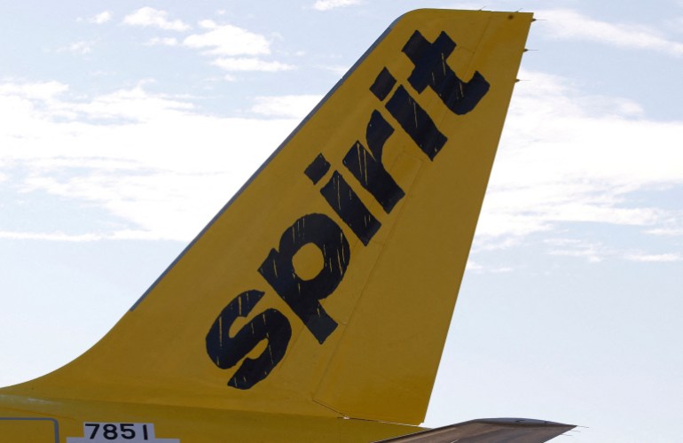 A logo of low cost carrier Spirit Airlines is pictured on an Airbus plane in Colomiers near Toulouse, France