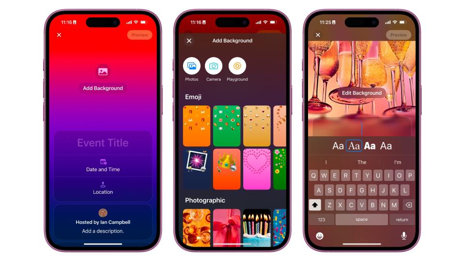 The customization options for Apple Invites showing a blank invite, background options, and the title font editor.