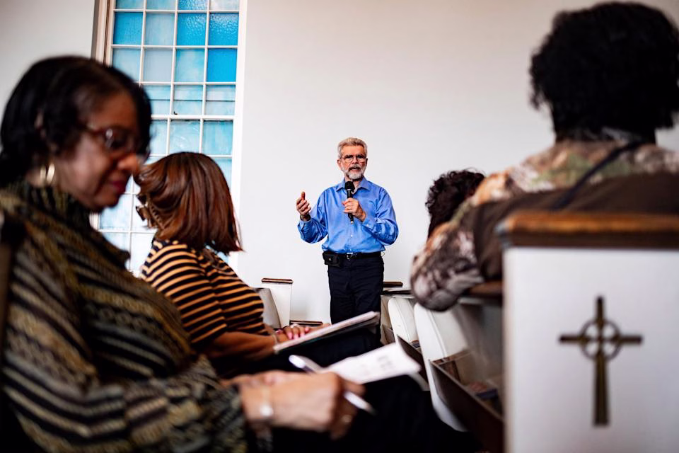 Organizer for Detroit’s Tax Justice Russ Bellant speaks during a Detroit Action Town Hall for those who have been impacted and are concerned by inevitable cuts in Medicaid and SNAP at Faith Redemption Center in Detroit, on Tuesday, March 11, 2024.