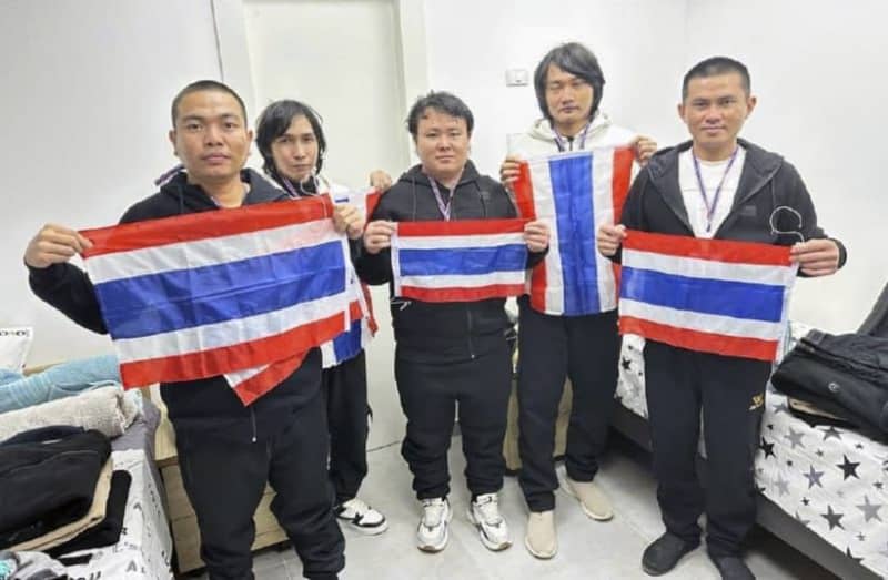 Released Thai hostages who were captured during the deadly October 7, 2023 attack by Hamas, pose as they hold up Thai national flags in Israel, January 30, 2025 (photo credit: ROYAL THAI GOVERNMENT/ROYAL THAI EMBASSY in Tel Aviv/Handout via REUTERS)