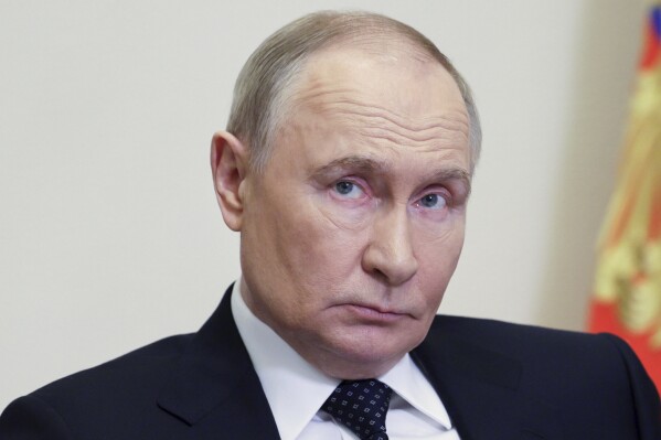 Russian President Vladimir Putin chairs a cabinet meeting via videoconference at Novo-Ogaryovo state residence outside of Moscow, Russia, Wednesday, June 4, 2025. (Gavriil Grigorov, Sputnik, Kremlin Pool Photo via AP)