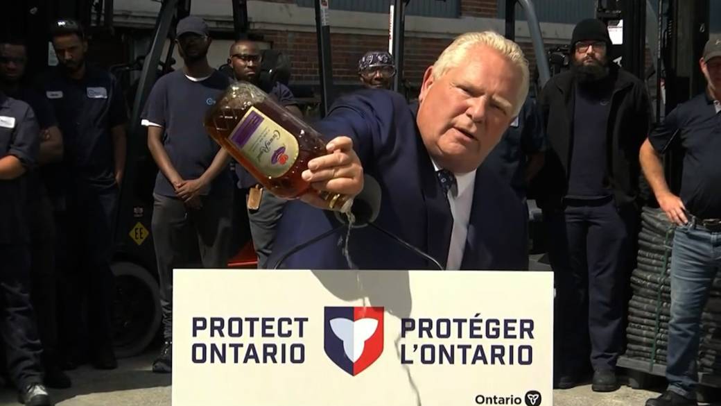 Click to play video: '‘Dumb as a bag of hammers’: Doug Ford dumps out bottle of Crown Royal in protest of plant closure'