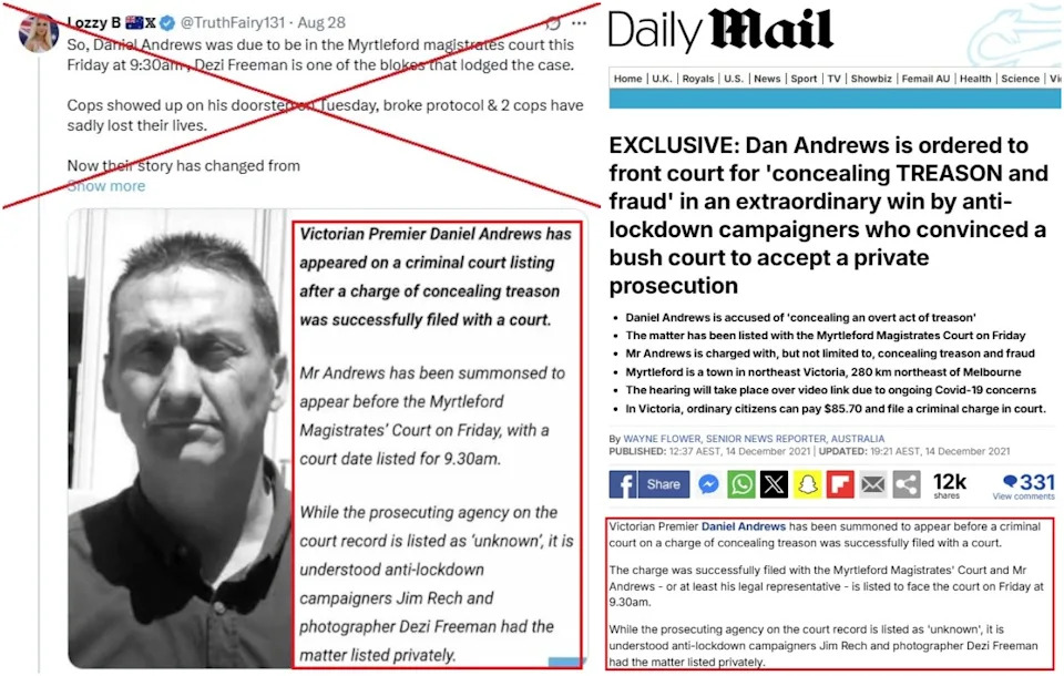 <span>Comparison of the false post (left) and the Daily Mail article from December 2021 (right), with the identical passages highlighted in red by AFP</span>