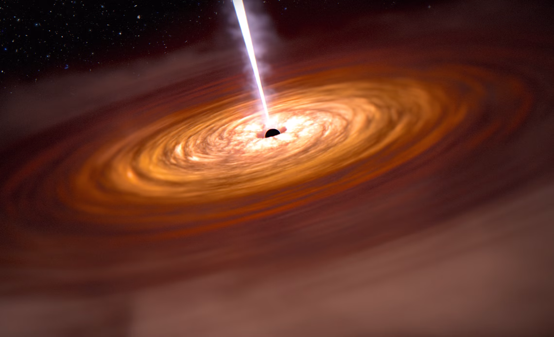 illustration of a black hole, shown as a small black sphere surrounded by a yellow-orange disk of gas and blasting out a whitish-purple jet