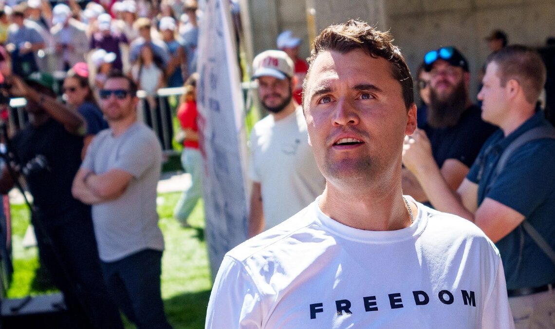 Charlie Kirk looks into the crowd at a Utah event before his assassination on September 10, 2025.
