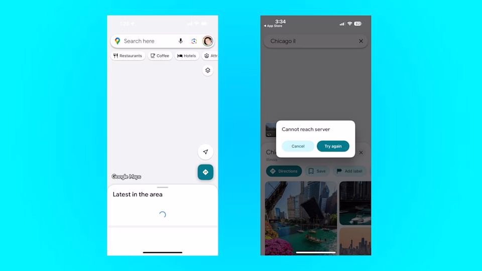 Two screenshots of the Google Maps app failing to load its map or connect to its server.