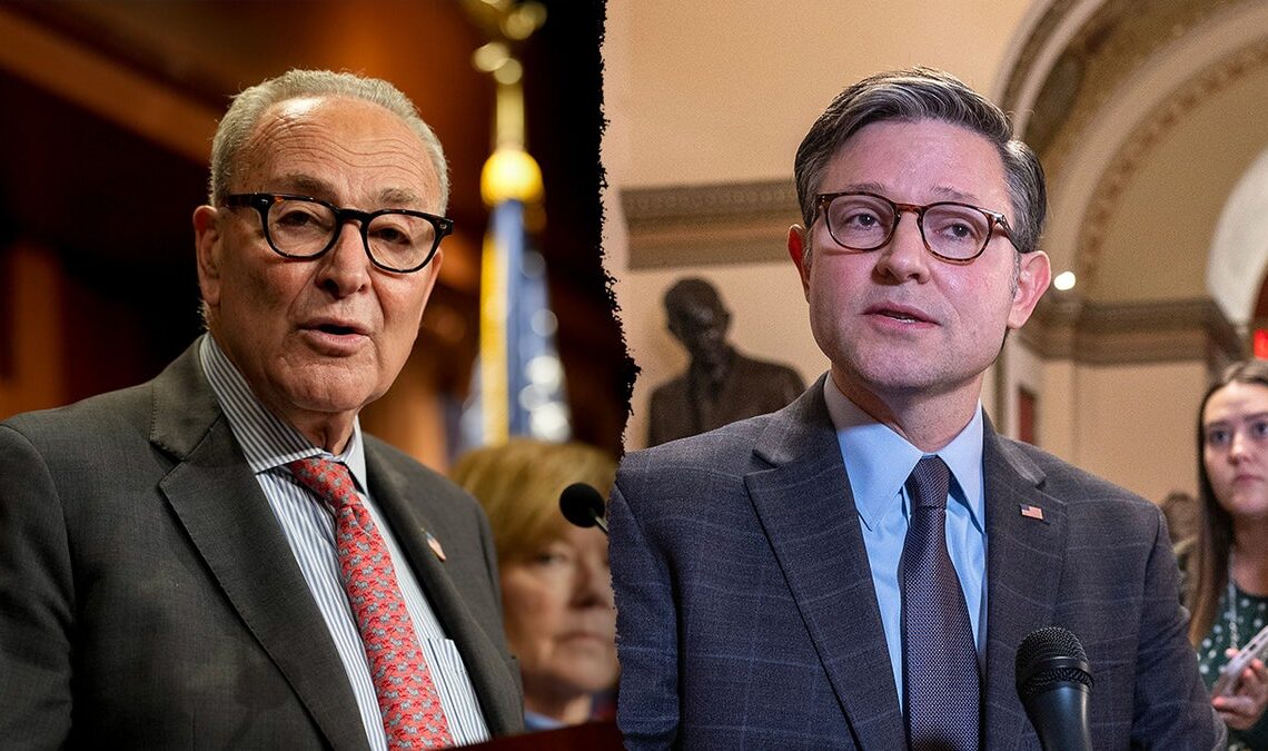 A split image of Chuck Schumer and Mike Johnson
