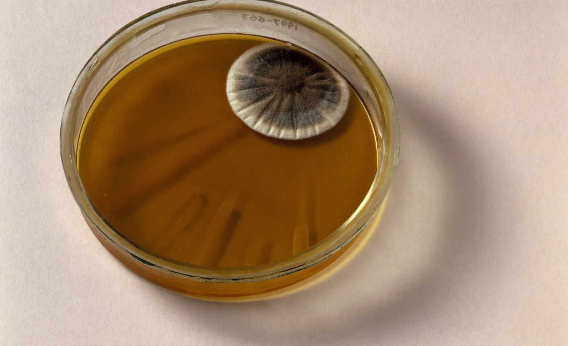 This petri dish labelled 'P notatum v Bacteria' contains a culture medium and shows the effect of penicillin on bacteria colonies. As seen in the film 'Penicillin' made by Realist Films in 1945.